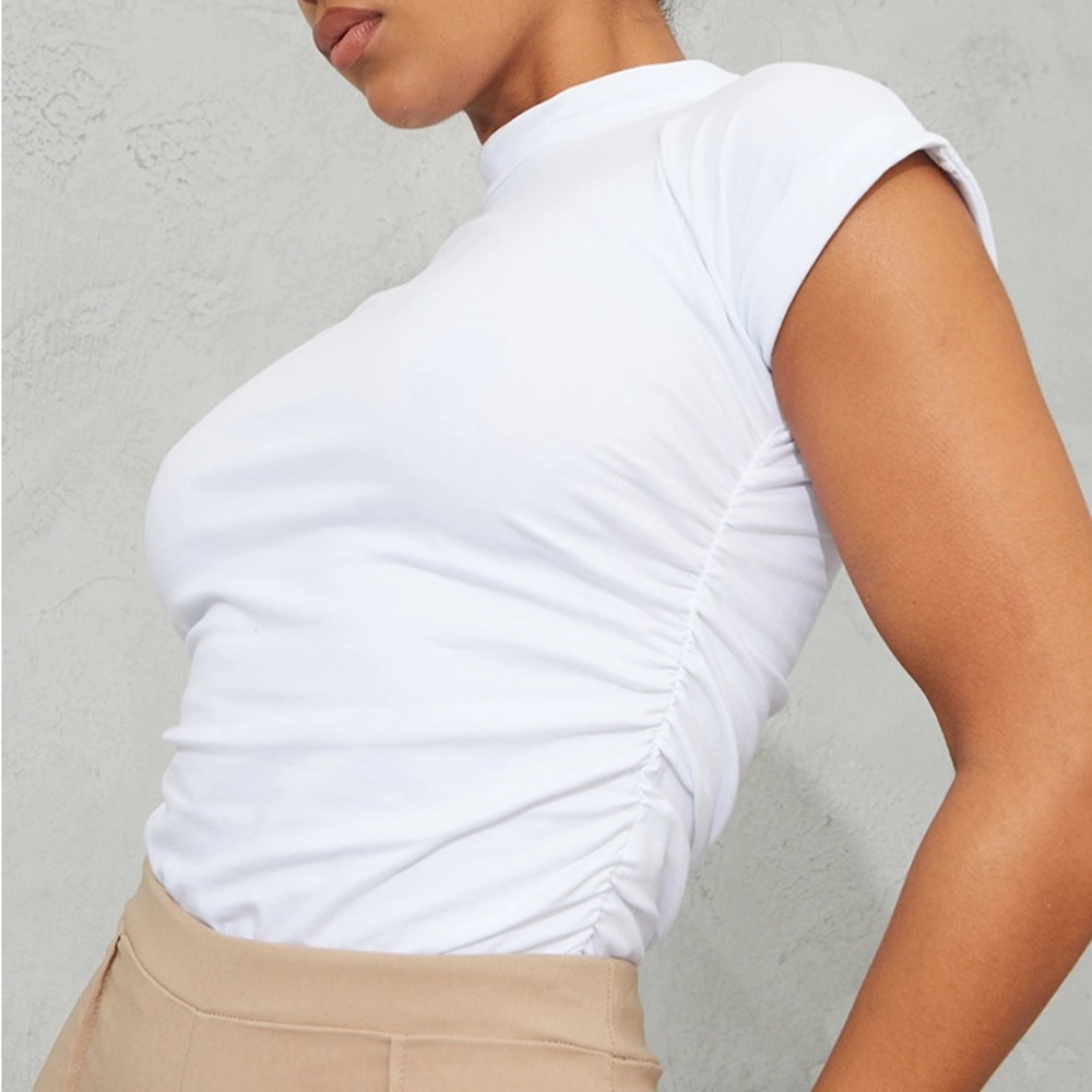 NWT PrettyLittleThing White Cotton Folded Sleeve Ruched Side Bodysuit